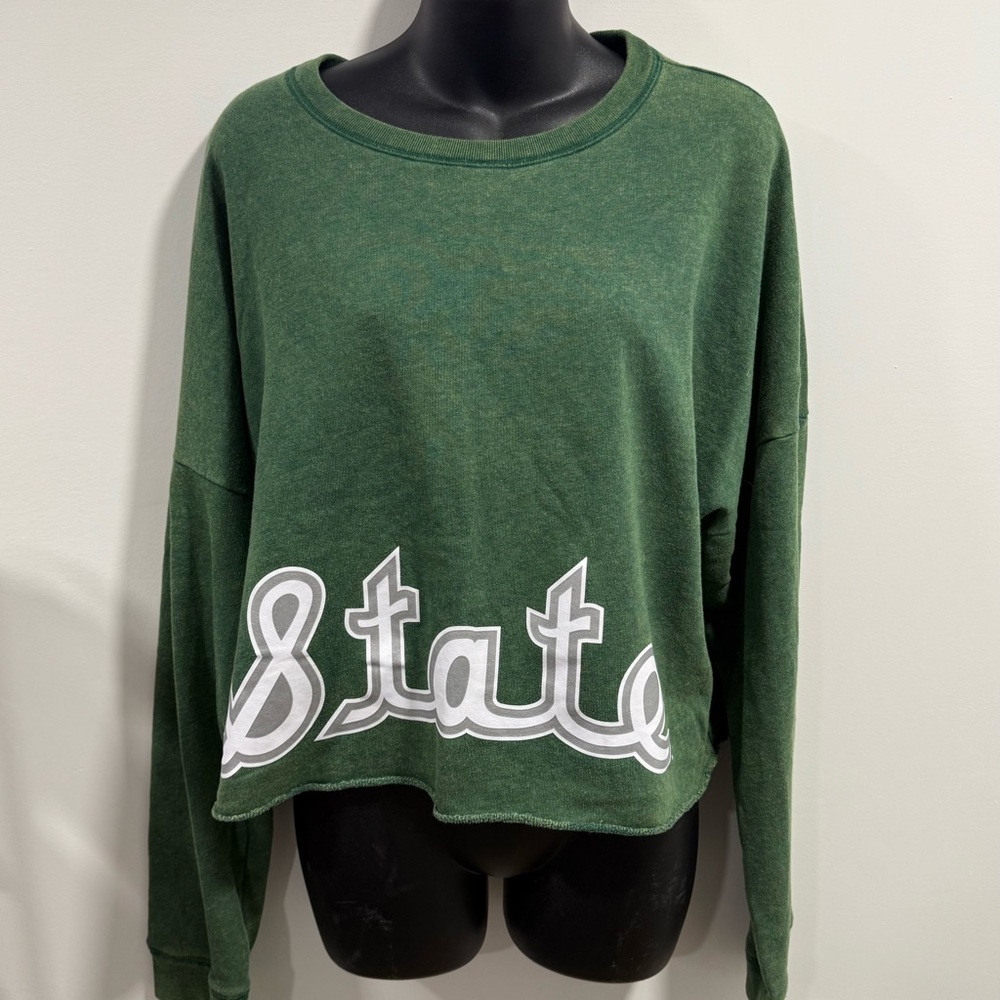 PINK Victoria's Secret Green MSU Cropped Sweatshirt